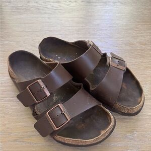Birkenstock brown leather buckle women’s slip on slides sandals shoes size 10.5